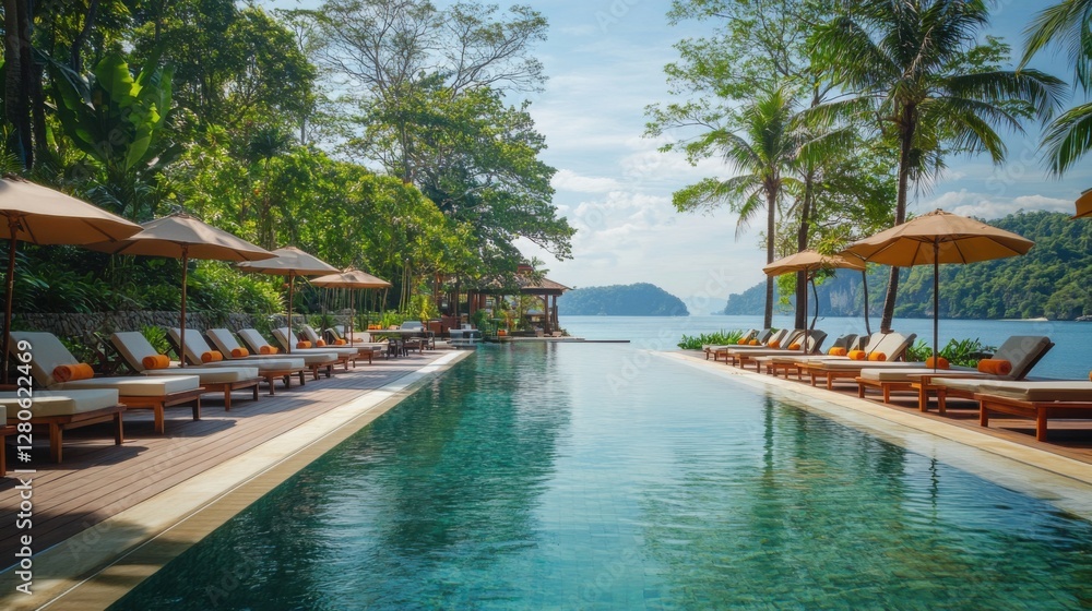 Obraz premium Alcohol consumption at a tropical resort with cocktails by the pool. Featuring relaxation and escape