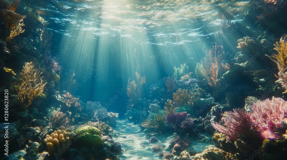 Fototapeta premium Underwater coral reef, sunlight rays in ocean, marine nature scene, vibrant seabed colors, aquatic life, ocean photography