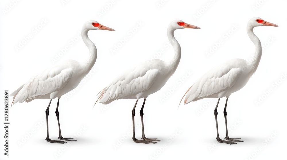 Obraz premium Three Elegant White Cranes in a Row on a Pure White Background: A Serene and Balanced Wildlife Image