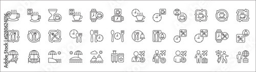 Office coffee break icon set. Time break for lunch icon collection. Vacation office day off symbol. Icon set contain symbol of coffee time, rest hours, lunchtime, eat, vacation, holiday, beach.
