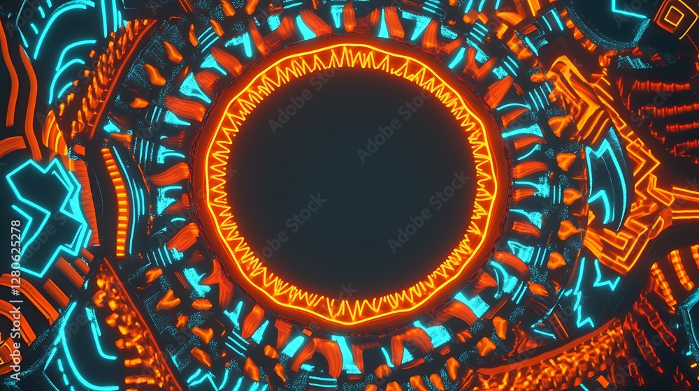 Fototapeta premium Abstract Neon Circular Design with Orange and Teal Patterns