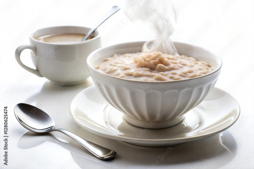 Steaming oatmeal in white bowl with coffee Steaming oatmeal in white bowl with coffee