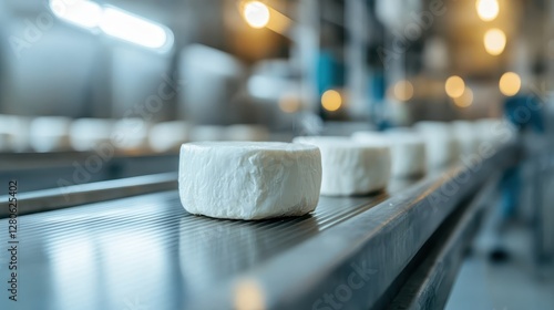 A close-up view of soft cheese wheels on production conveyor, capturing the essence of artisanal food making in a clean industrial environment that emphasizes quality. photo