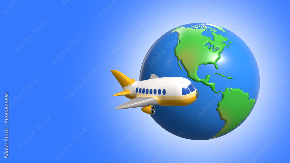 3D cartoon airplane flying around the world with copy space. Travel concept. USA and North and South America in view. 3D cartoon airplane flying around the world with copy space. Travel concept. USA and North and South America in view.