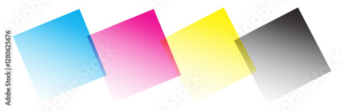CMYK dot pattern background. Halftone dotted prepress color ink texture. Vector abstract printed production design. Bitmap pop art banner bg. Postscript rip chart illustration