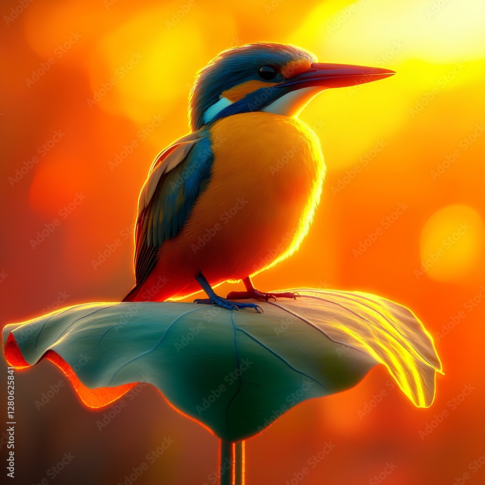 Fototapeta premium kingfisher perched on a lotus leaf, monumental view, Character modeling, Depth of field, Sound art, bold colors, Vintage Retro, volumetric lighting,