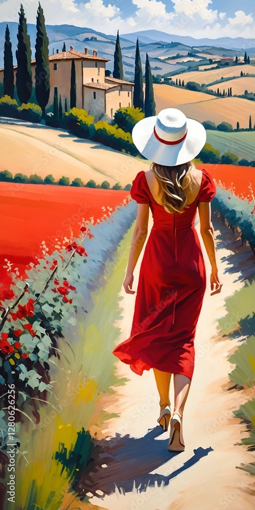 Naklejka premium Rear view woman in red summer dress walking in italian landscape