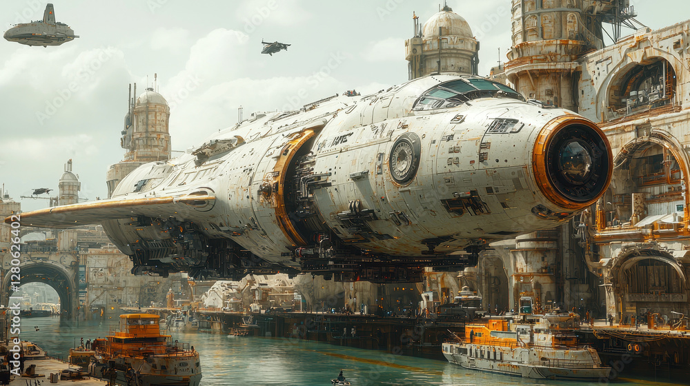 Fototapeta premium Massive AI-controlled spaceport showcases advanced robotic ships and synchronized mechanical engineers in a bustling futuristic trade hub