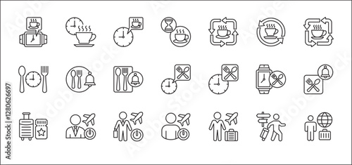 Office coffee break icon set. Time break for lunch icon collection. Vacation office day off symbol. Icon set contain symbol of coffee time, rest hours, lunchtime, eat, vacation, holiday, beach.
