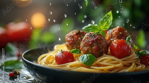 Delicious spaghetti and meatballs, water droplets, fresh basil, and cherry tomatoes photo