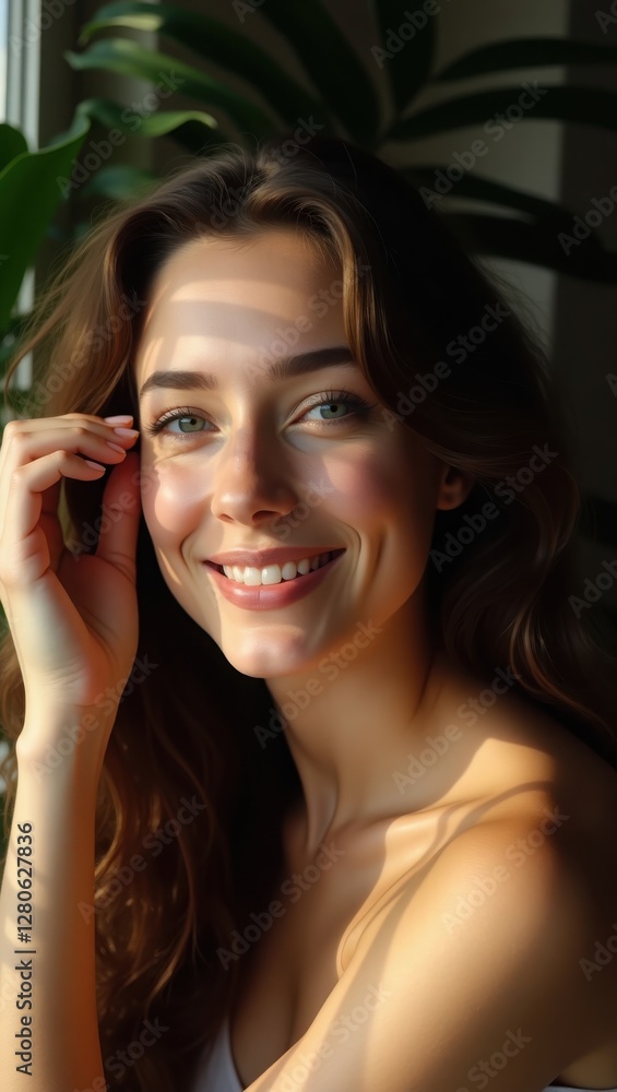 Fototapeta premium protrait of young beautiful woman , her face look through the window make light reflect her skin bright and glow , some natural palm leave is behind