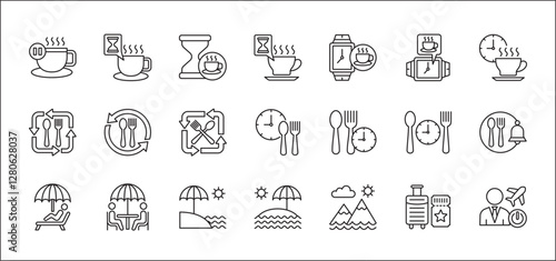 Office coffee break icon set. Time break for lunch icon collection. Vacation office day off symbol. Icon set contain symbol of coffee time, rest hours, lunchtime, eat, vacation, holiday, beach.