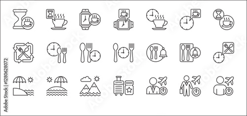 Office coffee break icon set. Time break for lunch icon collection. Vacation office day off symbol. Icon set contain symbol of coffee time, rest hours, lunchtime, eat, vacation, holiday, beach.
