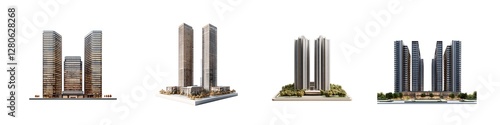 Set of Modern High Rise Skyscraper Buildings with Glass Facades, Isolated on Transparent Background photo