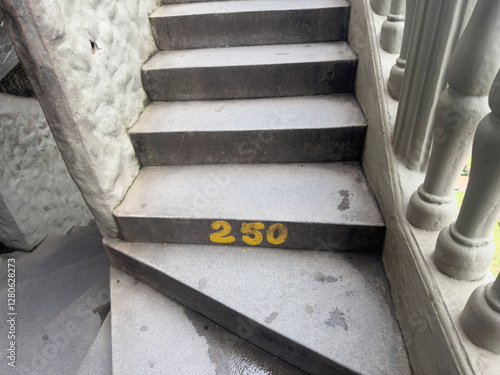 Numbered staircase with yellow '250' marking on gray steps.