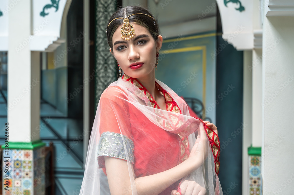 Portrait pretty young Indian woman in elegance traditional saree with veil and head accessories