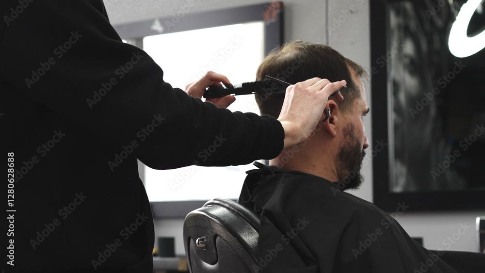 Skilled barber trimming client's hair using professional scissors, creating precise hairstyle in contemporary salon with modern interior and relaxed atmosphere, closeup