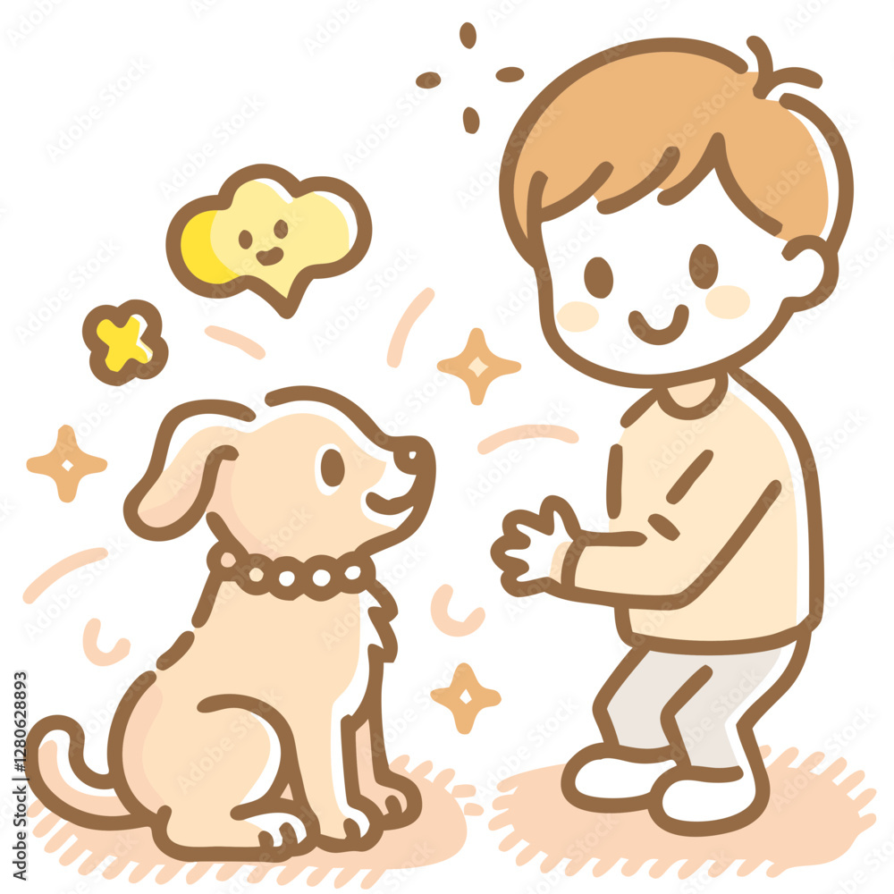 Obraz premium Pet care Boy training a puppy with commands in cute doodle style