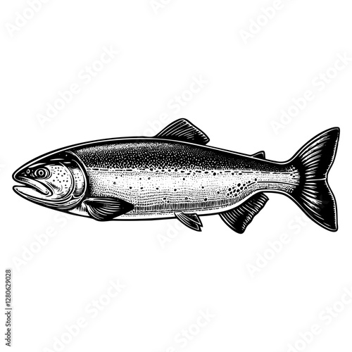 salmon sketch engraving black and white outline. Scratch board imitation.
