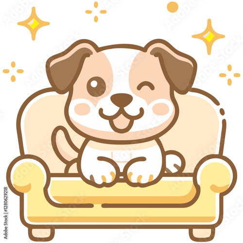 Pet care Cute puppy smiling while sitting on a couch in doodle style