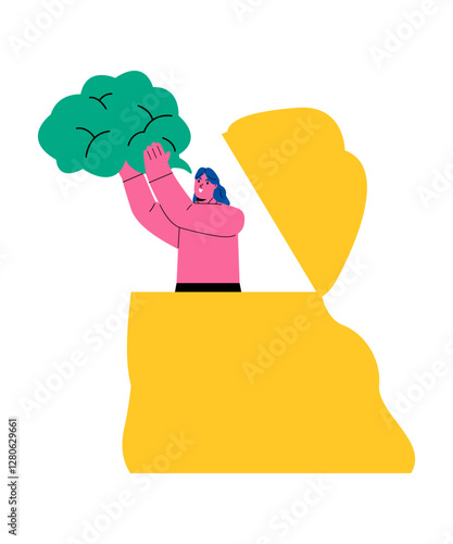 Business woman frees her imagination to explore new ideas. Concept to freedom. Flat vector illustration isolated on white background
