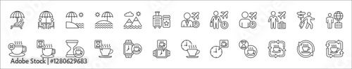Office coffee break icon set. Time break for lunch icon collection. Vacation office day off symbol. Icon set contain symbol of coffee time, rest hours, lunchtime, eat, vacation, holiday, beach.