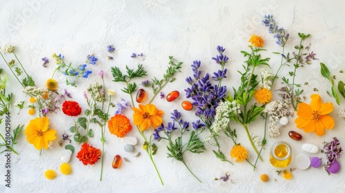 Supplements and vitamins with medicinal herbs. Selective focus. Generative AI,