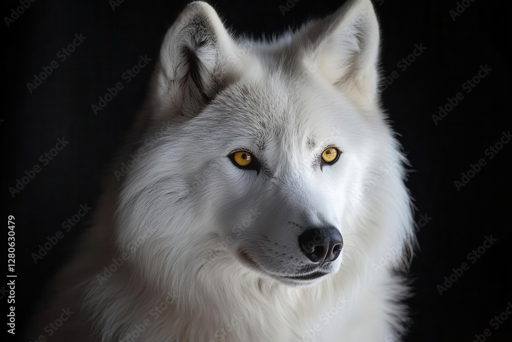 Obraz premium soulful close-up of a silver wolf's face, piercing yellow eyes, dramatic black background