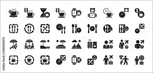 Office coffee break icon set. Time break for lunch icon collection. Vacation office day off symbol. Icon set contain symbol of coffee cup time, rest hours, lunchtime, eat, vacation, holiday, beach.