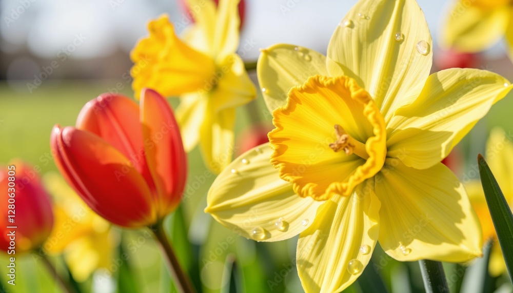 Vibrant daffodils and tulips bloom in sunlight, spring freshness Vibrant daffodils and tulips bloom in sunlight, spring freshness