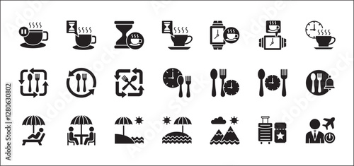 Office coffee break icon set. Time break for lunch icon collection. Vacation office day off symbol. Icon set contain symbol of coffee cup time, rest hours, lunchtime, eat, vacation, holiday, beach.