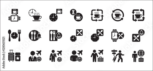 Office coffee break icon set. Time break for lunch icon collection. Vacation office day off symbol. Icon set contain symbol of coffee cup time, rest hours, lunchtime, eat, vacation, holiday, beach.