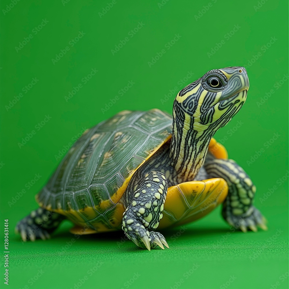Fototapeta premium Curious Baby Turtle on Green Background