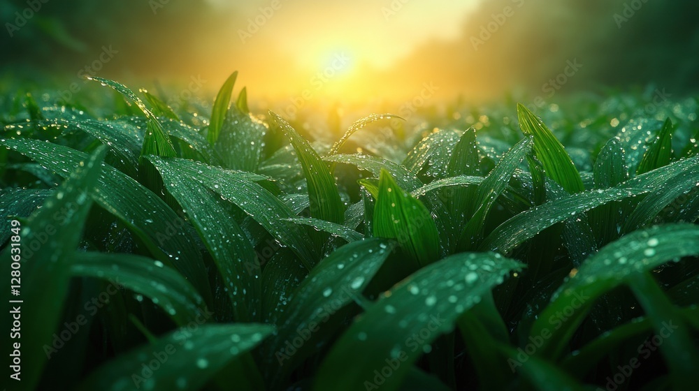Fototapeta premium Dew-kissed plants field sunrise