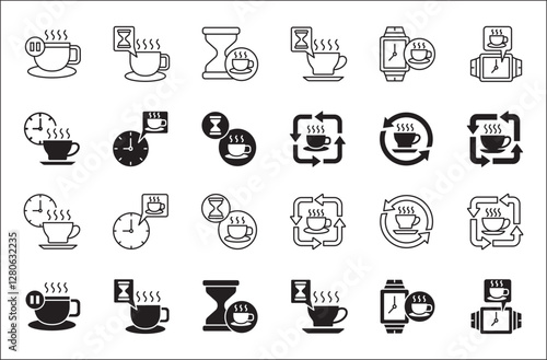 Coffee break icon set. Coffee cup icon collection. Icon set contain symbol of coffee time, rest hours, lunchtime, eat, cafe, watch, addict, hourglass, routine. Vector stock illustration.