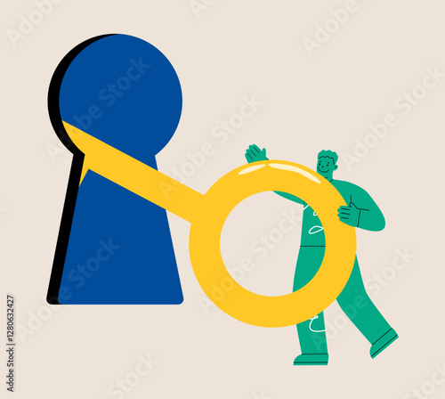 Man use keys to unlock potential. Opportunities for success. Colorful vector illustration