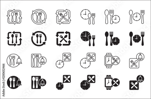 Lunch time icon set. Time break for lunch icon collection. Icon set contain symbol of  eat schedule, rest hours, lunchtime, eat, cafe, watch, addict, hourglass, routine. Vector stock illustration.