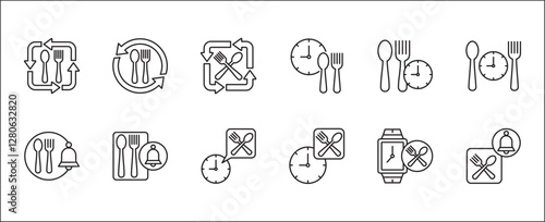 Lunch time icon set. Time break for lunch icon collection. Icon set contain symbol of  eat schedule, rest hours, lunchtime, eat, cafe, watch, addict, hourglass, routine. Vector stock illustration.