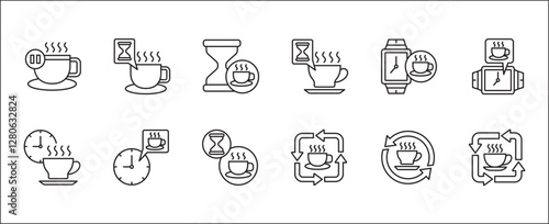 Coffee break icon set. Coffee cup icon collection. Icon set contain symbol of coffee time, rest hours, lunchtime, eat, cafe, watch, addict, hourglass, routine. Vector stock illustration.
