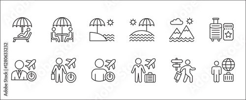 Office day off icon set. Holiday and vacation icon collection. Icon set contain symbol of  work, business, travel, job, beach, mountain, summer, umbrella, suitcase. Vector stock illustration.