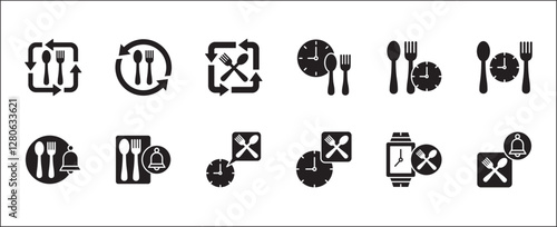 Lunch time icon set. Time break for lunch icon collection. Icon set contain symbol of  eat schedule, rest hours, lunchtime, eat, cafe, watch, addict, hourglass, routine. Vector stock illustration.