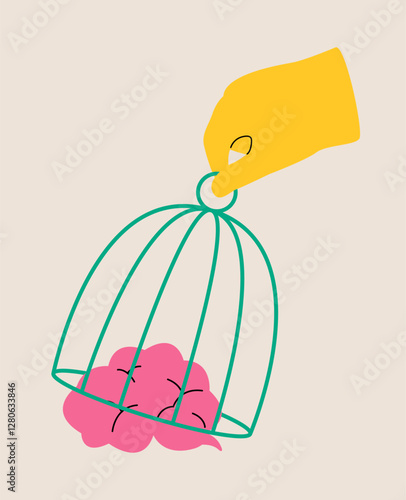 Hand lifts cage from brain. Concept of unlock potential. Colorful vector illustration