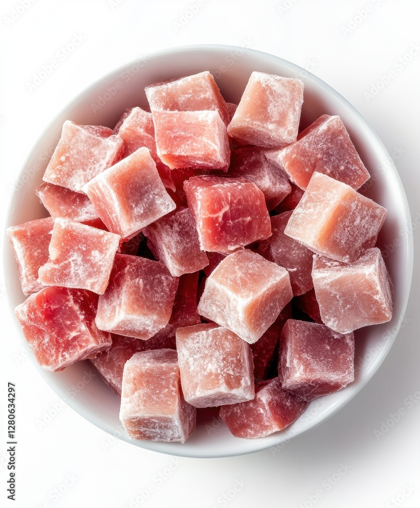 Fresh Frozen Meat Cubes on White Background, Premium Raw Beef for Cooking Recipes, Isolated, Cut Out Fresh Frozen Meat Cubes on White Background, Premium Raw Beef for Cooking Recipes, Isolated, Cut Out