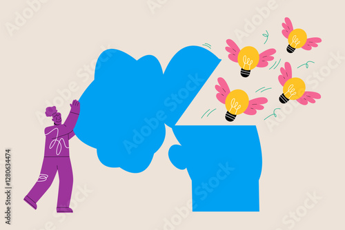 Woman open brainto develop and generate new ideas. Open mind to new ideas and knowledge. Colorful vector illustration