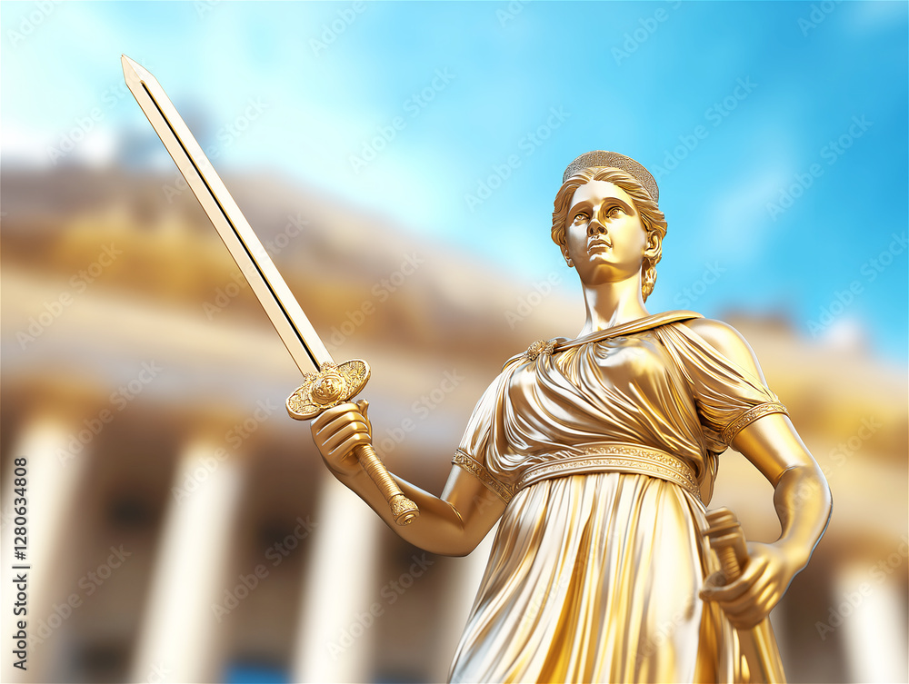 Obraz premium A statue of a woman holding a sword in front of a classical Greek architecture. This symbolizes justice, strength, and timeless wisdom with a historical context.