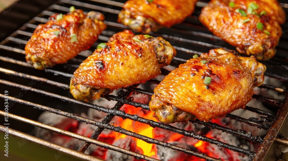 Grilling succulent barbecue chicken wings backyard food photography outdoor setting close-up view culinary delight Grilling succulent barbecue chicken wings backyard food photography outdoor setting close-up view culinary delight