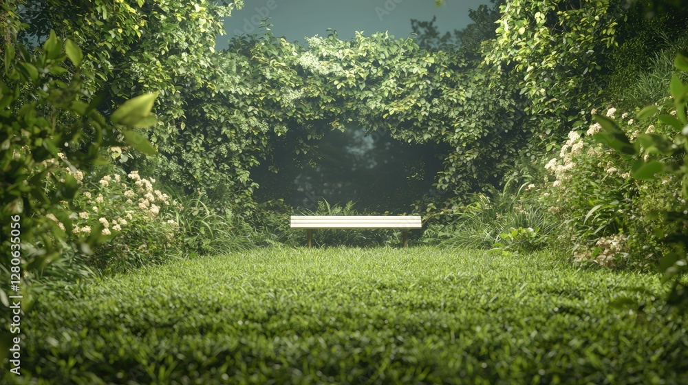Secluded bench in lush green garden, tranquil scene Secluded bench in lush green garden, tranquil scene