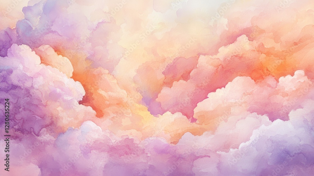 Fototapeta premium Dreamy pastel clouds, sunset sky, watercolor effect, soft hues, calm atmosphere, colorful clouds