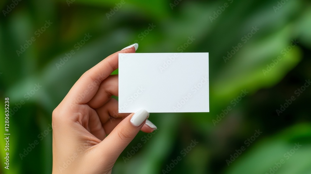 Close Up Of Hand Holding A Blank Business Card Against Green Foliage Close Up Of Hand Holding A Blank Business Card Against Green Foliage