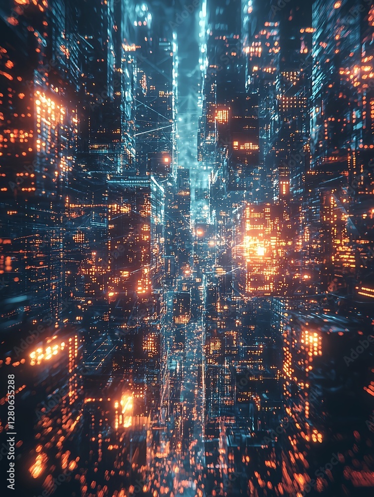 Fototapeta premium A digital cityscape featuring glowing cubes arranged in a cyberpunk style
